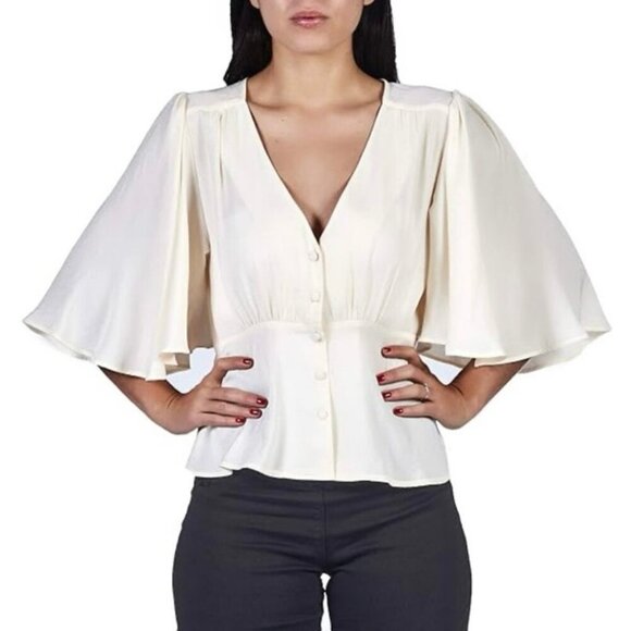 Forever 21 Cream Champagne Faux Satin Button Down V-Neck Blouse Size Small - Picture 1 of 7